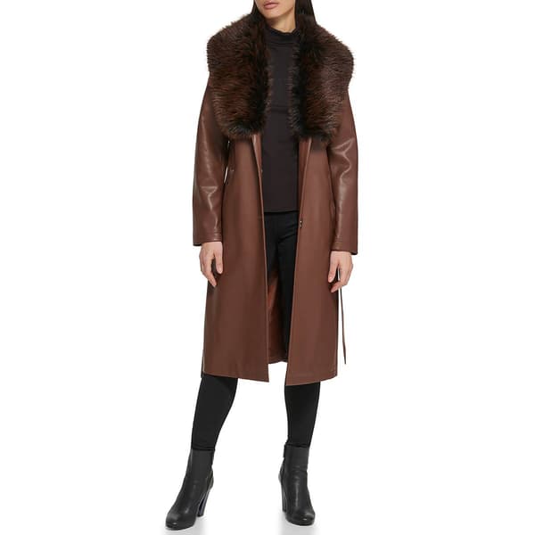 Womens Kenneth Cole Belted Faux Leather Trench Coat