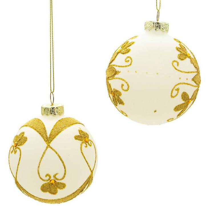 Kurt Adler 80mm White Balls w/ Gold Beads 6pc. Set