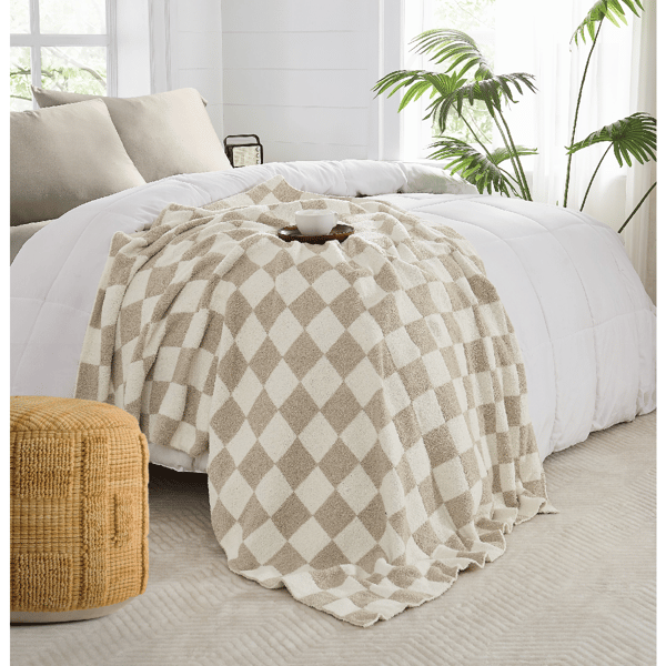 Truly Soft Cozy Checkerboard Beige Reversible Throw