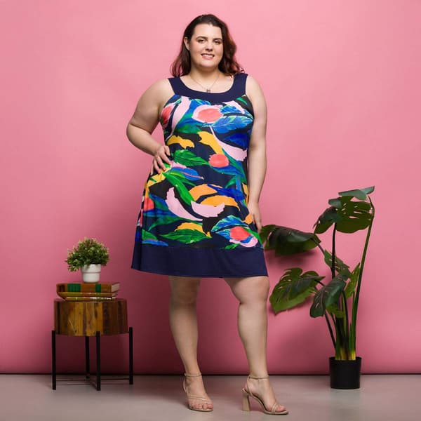 Plus Size 24/7 Comfort Apparel Blue Floral Sleeveless Dress