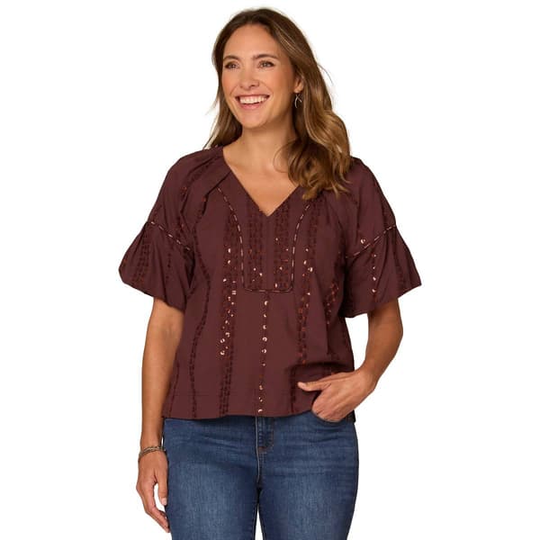 Womens Democracy Spliced V-Neck Embroidered Blouse