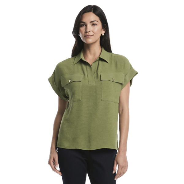 Womens Rafaella(R) Patch Pocket Top with Logo Buttons Shirt - image 