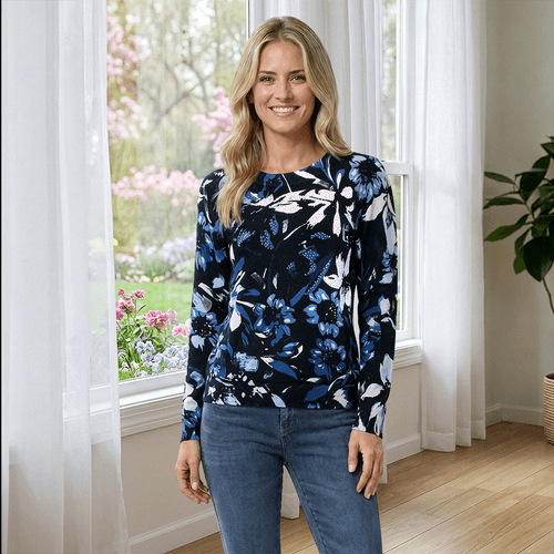 Womens Nicole Miller Long Sleeve Floral Crew Neck Sweater