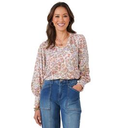 Womens Democracy Long Cuff Sleeve V-Neck Floral Blouse
