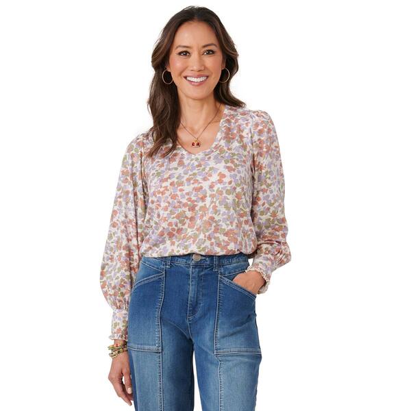 Womens Democracy Long Cuff Sleeve V-Neck Floral Blouse - image 