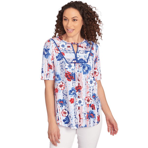Plus Size Ruby Rd. Americana Chic Riviera Floral Stripe Print Kn - image 