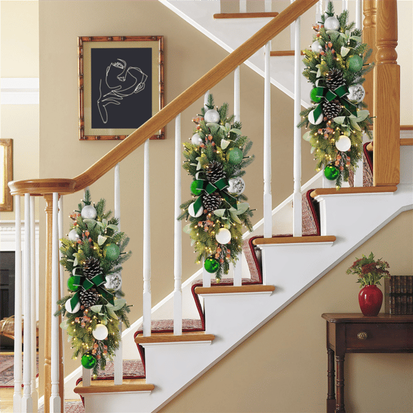 Puleo International Pre-Lit Adorned Green & White Banister Swag