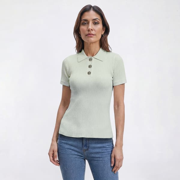 Womens Rio & Rian Short Sleeve Solid Ribbed Collared Sweater