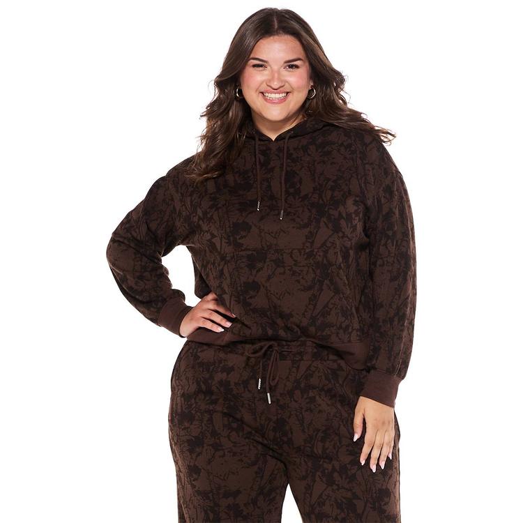 Juniors Plus No Comment Oversized Fleece Camo Printed Hoodie