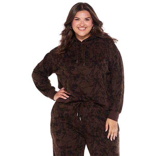 Juniors Plus No Comment Oversized Fleece Camo Printed Hoodie