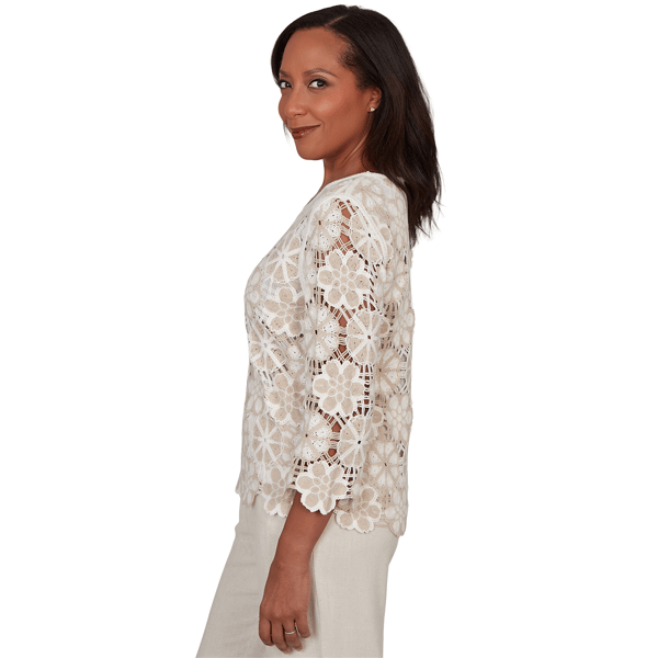 Womens Alfred Dunner Natural Wonder Floral Crochet Blouse