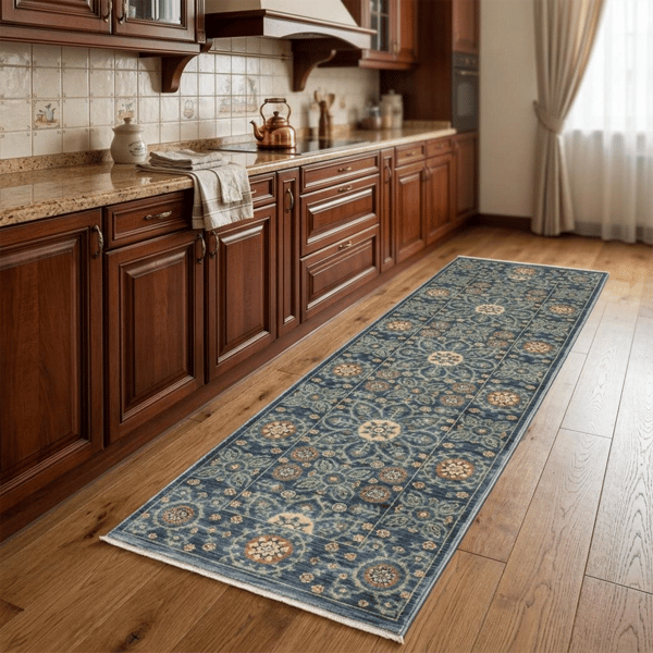 HomeRoots Stain Resistant Blue & Rust Medallion Runner