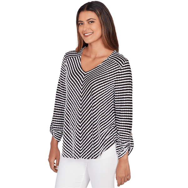 Petite Ruby Rd. Must Haves I Roll Tab Sleeve Stripe Blouse