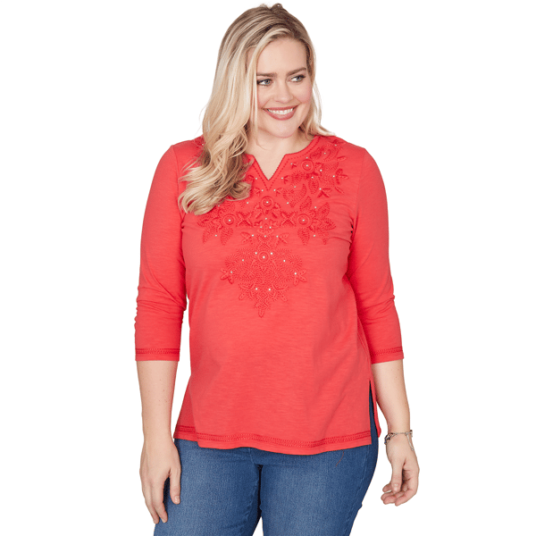 Womens Alfred Dunner Port Side Tonal Embroidered Split Neck Top - image 