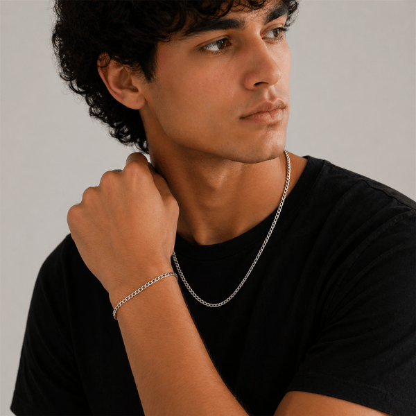 Mens Iron Saints 5mm Cuban Link Silver-Tone Necklace Bracelet Set