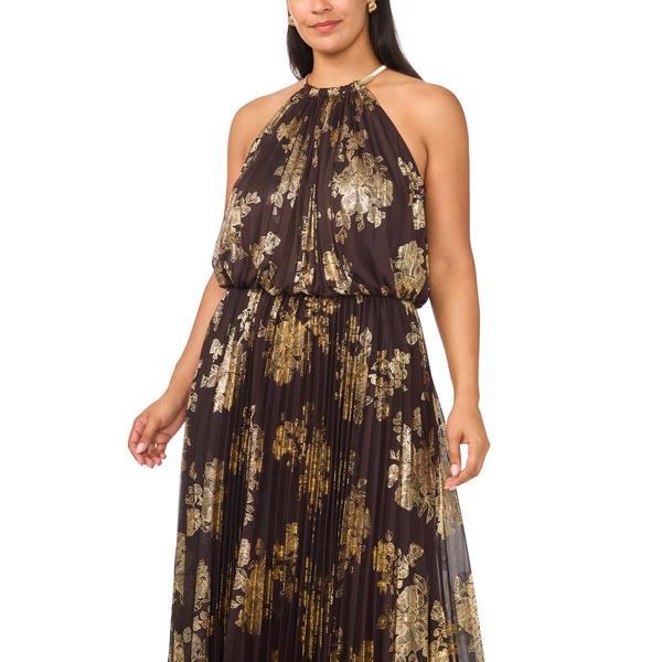 Plus Size MSK Sleeveless Halter Neck Pleated Foil Maxi Dress