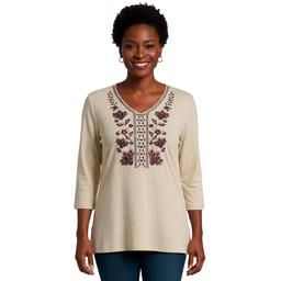 Plus Size Hasting & Smith 3/4 Sleeve V Neck Floral Embroidery Tee