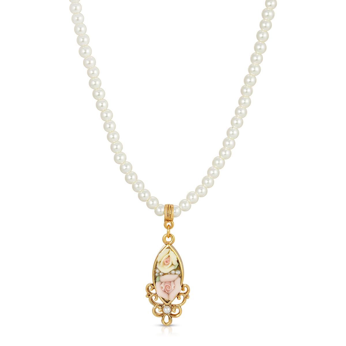 1928 Gold Tone Porcelain Rose Pearl Beaded Necklace