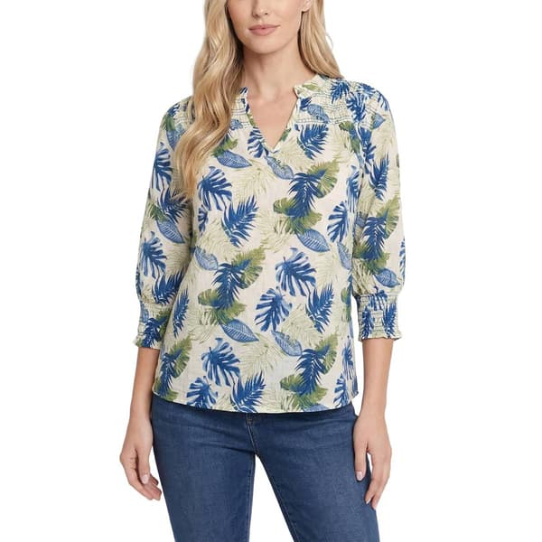 Womens NY Collection 3 Quarter Sleeve Printed Button Down Top