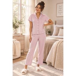 Womens Danskin Short Sleeve Wide Rib Notch Collar Pajama Set