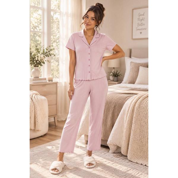 Womens Danskin Short Sleeve Wide Rib Notch Collar Pajama Set - image 