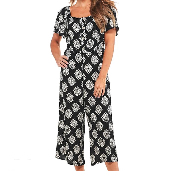 Womens Luxology Short Sleeve Square Neck Print Challis Jumpsuit