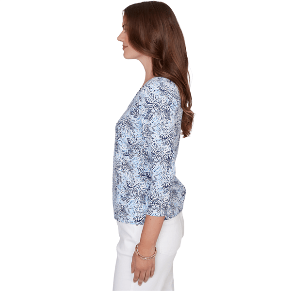 Petite Hearts of Palm Printed Essentials V Neck Floral Blouse