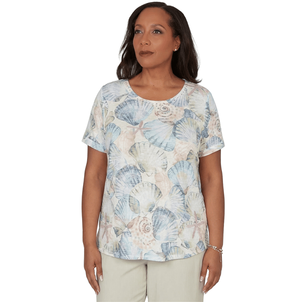 Petite Alfred Dunner Vintage Charm Round Neck Seashells Blouse