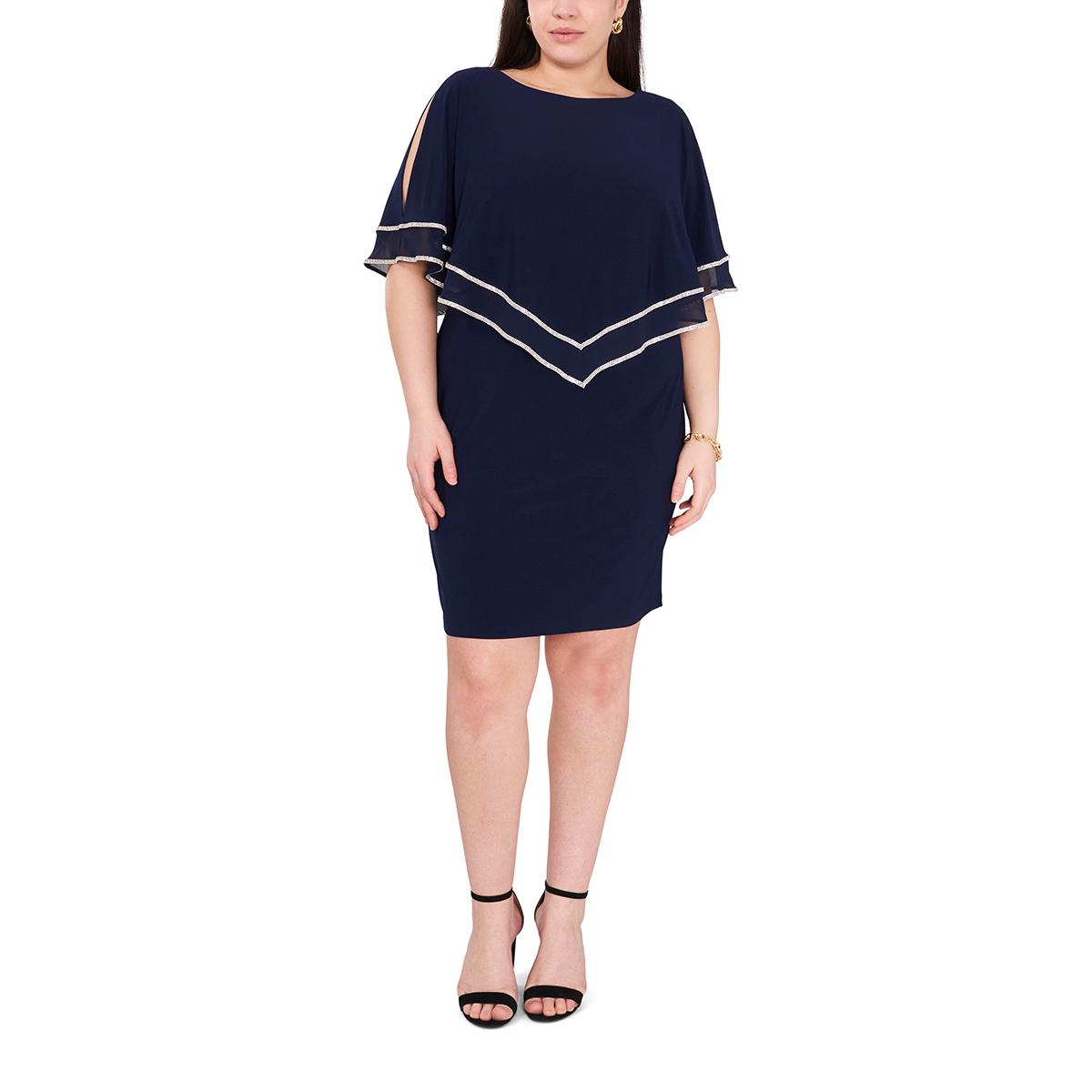 Plus Size MSK Split Sleeve Rhinestone Trim Double Overlay...