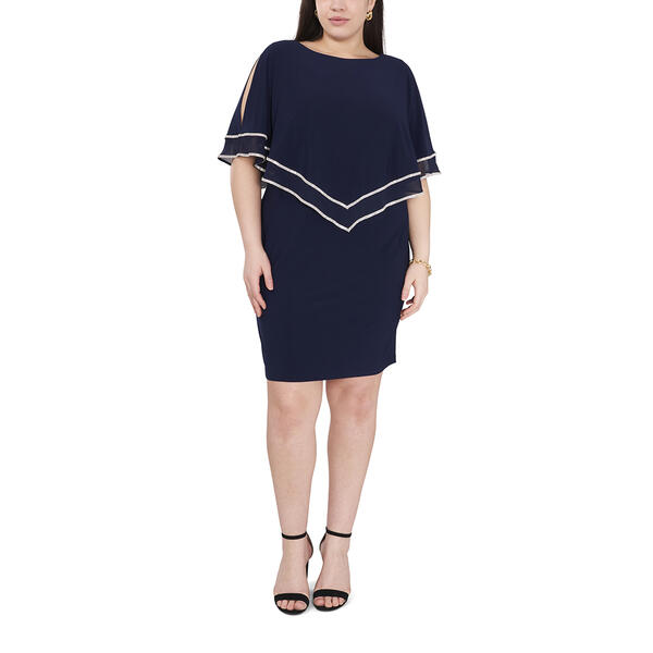 Plus Size MSK Split Sleeve Rhinestone Trim Double Overlay Dress - image 