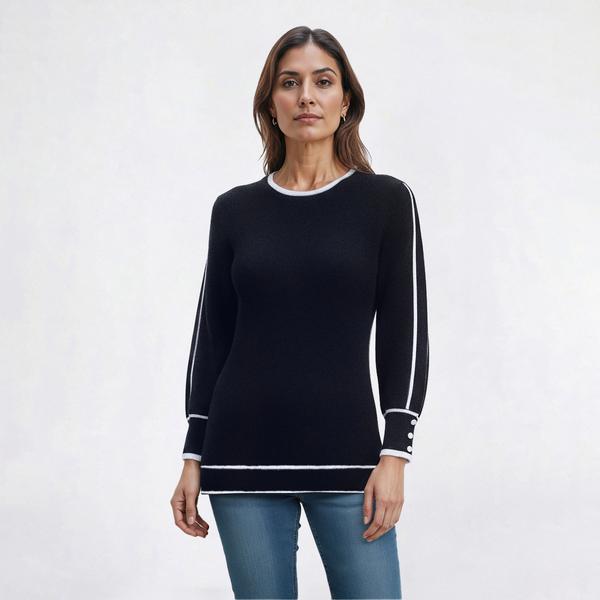 Womens Retrology 3/4 Sleeve Solid Crew Neck Tipped Sweater