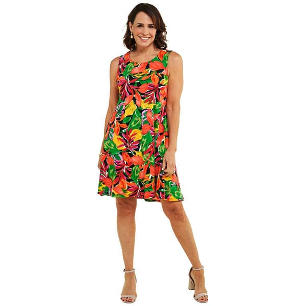 Womens Nina Leonard Sleeveless Print Swing Dress - Black/Guava - image 