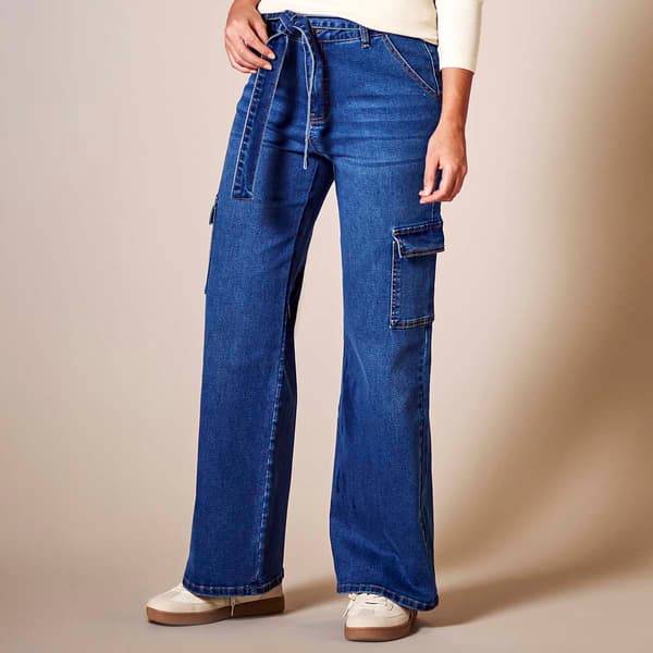 Petite Bleu Denim Wide Leg Cargo Pockets w/Self Belt Jeans