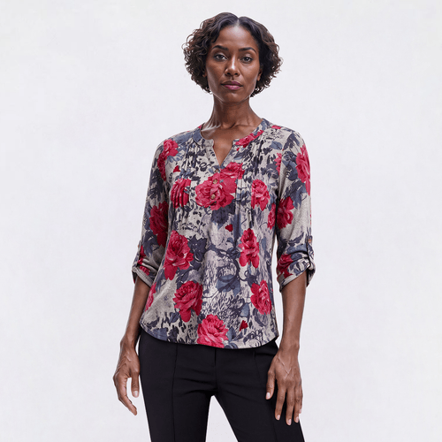 Womens Notations 3/4 Sleeve Floral Pleat Blouse - image 