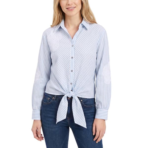 Womens NY Collection Long Sleeve Striped Tiefront With Embroidery - image 