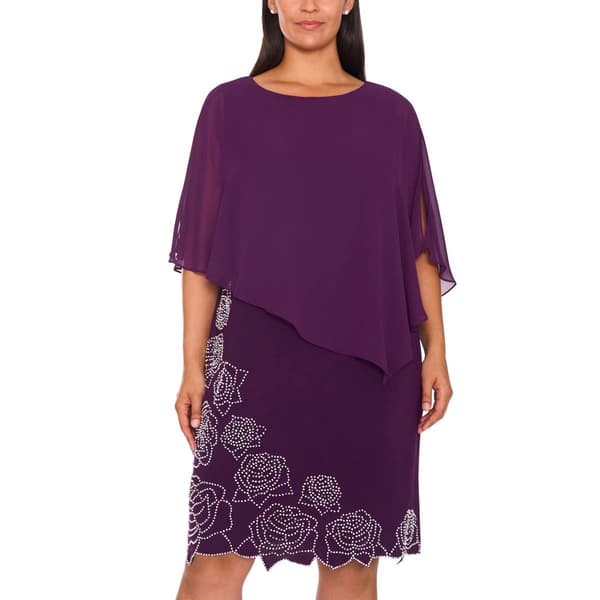 Plus Size MSK Solid Floral Rose Bead Trim Shift Dress w/ Capelet
