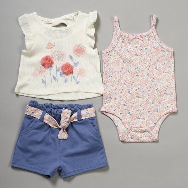 Baby Girl &#40;NB-9M&#41; Quiltex&#40;R&#41; 3pc. Tender Rose Top & Shorts Set - image 