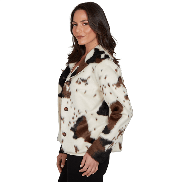 Petite Skye''s the Limit Wild Romance Cow Print Faux Fur Jacket