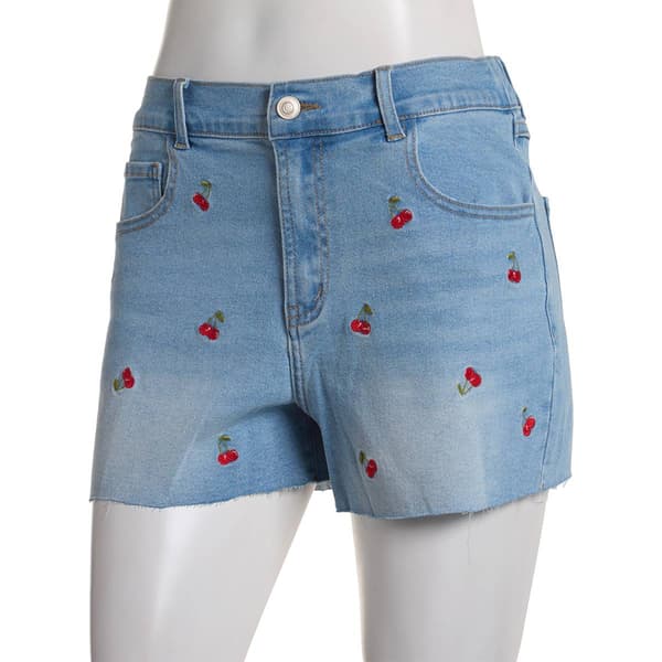 Juniors No Comment Mid Rise Embroidered Cherries Denim Mom Shorts - image 