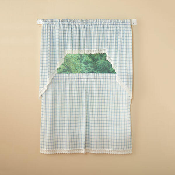 Maisie Woven Plaid Macrame Trim Kitchen Curtains - image 