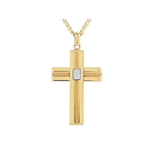 Mens Forever New Stainless Steel Gold IP CZ Cross Pendant - image 