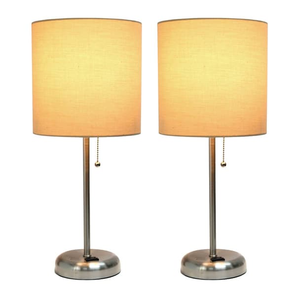 LimeLights Brush Steel Lamp w/Charging Outlet/Tan Shade-Set of 2