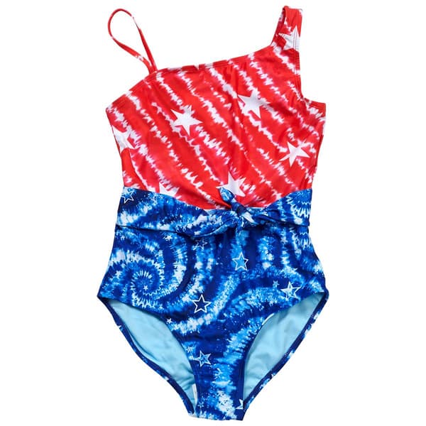 Girls (7-16) Breaking Waves Patriotic Tie Dye One Piece Swimsuit - image 
