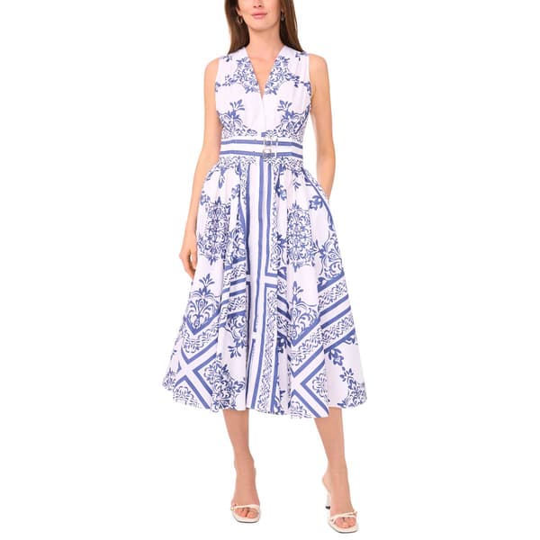 Womens Cece Sleeveless V Neck Print Cotton Poplin Midi - image 