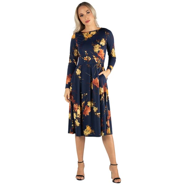 Womens 24/7 Comfort Apparel Floral Long Sleeve Fit & Flare Dress - image 