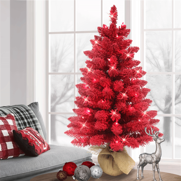 Puleo International 3ft. Pre-Lit Flocked Fashion Red Tree