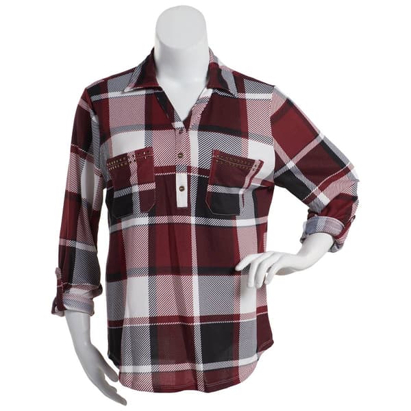 Plus Size New York Laundry Long Sleeve Y-Neck Plaid Top - GEM - image 
