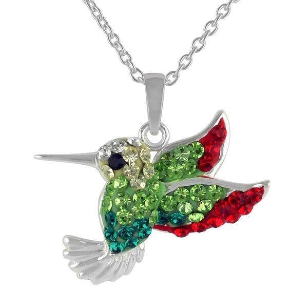 Crystal Critter Silver-Tone Green & Red Hummingbird Pendant - image 