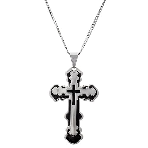 Mens Stainless Steel Two-Tone & Black Cross Pendant Necklace