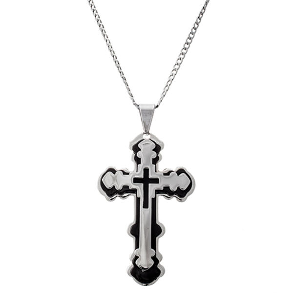 Mens Stainless Steel Two-Tone & Black Cross Pendant Neckalce - image 